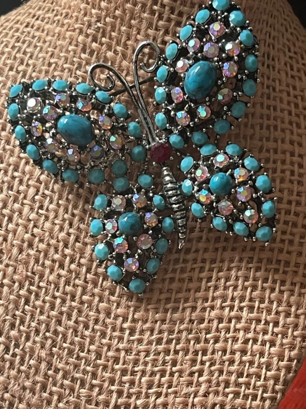VTG Weiss Bejeweled Butterfly Brooch Turquoise Cabochons & Rhinestones 3.5